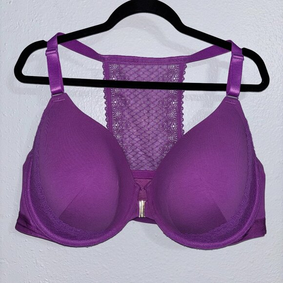 Cacique 46DDD Lightly Lined Front Closure T-Shirt Bra‎ Purple Lace Racerback - Picture 1 of 11